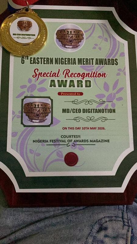 Digitanotion's 6th Eastern Nigeria Merit Awards Special Recognition certificate, presented to MD/CEO Digitanotion